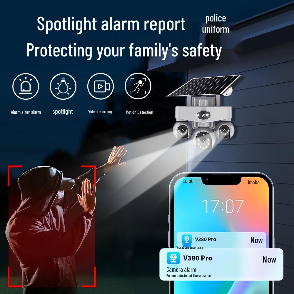V380 Solar 4G Network Waterproof Camera with Alarm and Triple-Screen Monitor