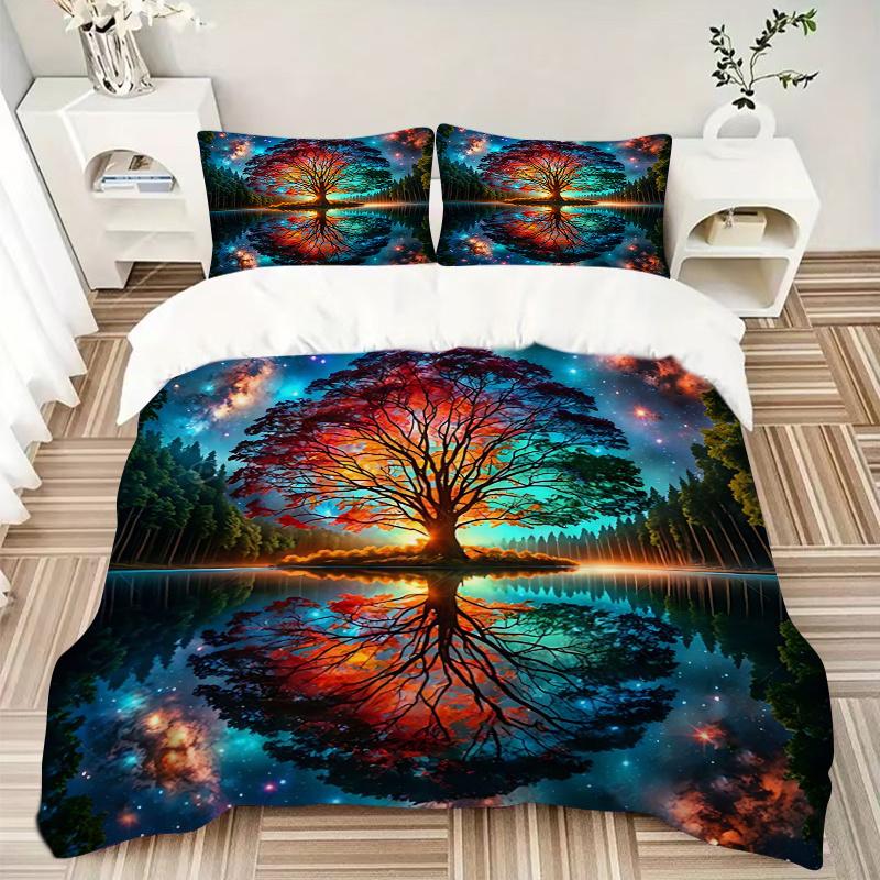 3pcs The Enchanted Tree in a Dreamlike Forest Pattern Bedding Set, 1* Cover + 2*Pillowcases, Printed Bedding Set, Soft