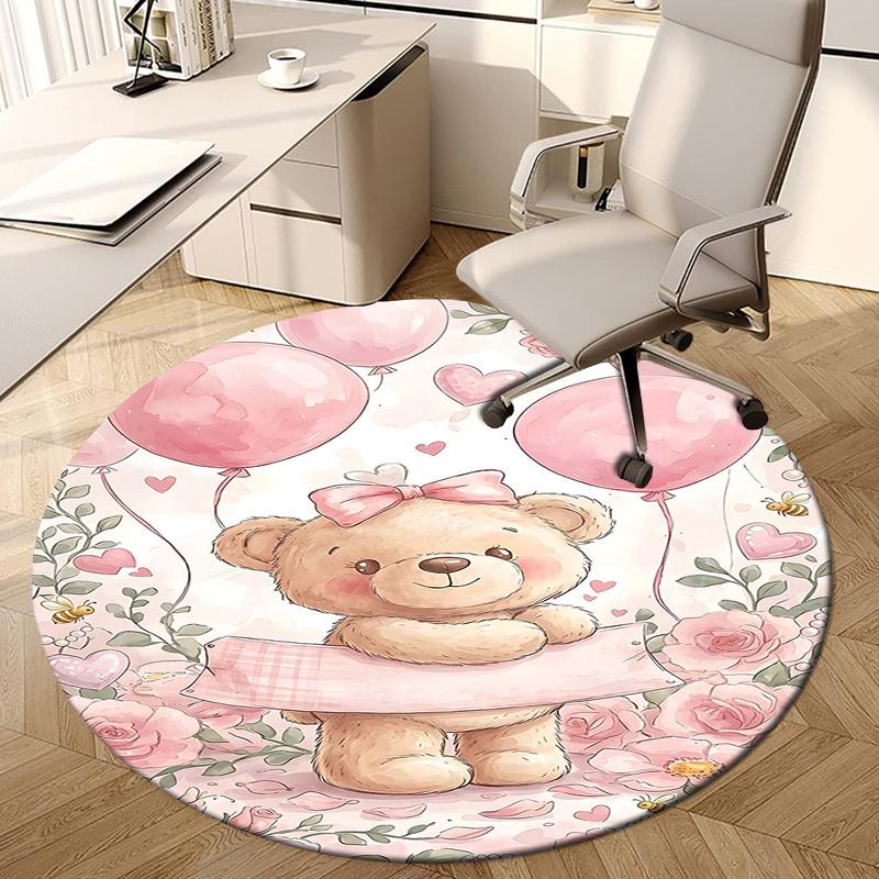 1PC Teddy Bear Pink Non-Slip Floor Round Carpet, Office, Family, Bedroom, Large Area Rug Indoor Rugs,  Durable Polyester-L0418