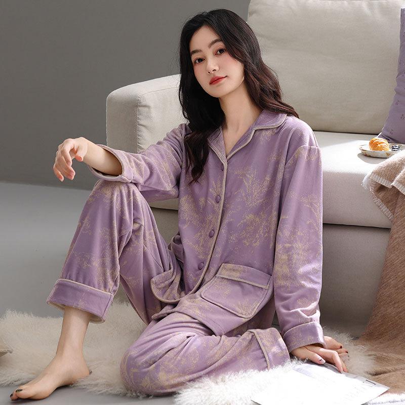 Pajamas Women'S Winter Island Fleece Thickened Fleece Coral Fleece Warm Autumn And Winter Middle-Aged Mother Loungewear Spring And Autumn Suit