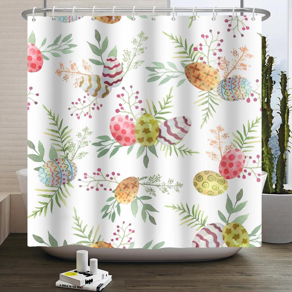 Spring Easter Shower Curtain Happy Rabbit Bunny Eggs Flower Garden Floral Holiday Waterproof Bathroom Shower Curtain With Hooks