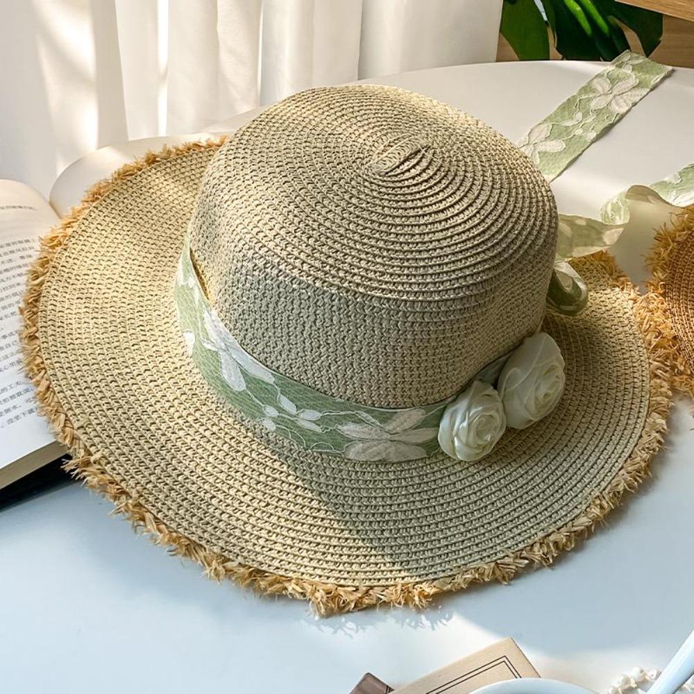 Wide Brim Lace Floral Brim Cap Flat Top Women's Sun Hat Sunshade Sunscreen Hat Vacation