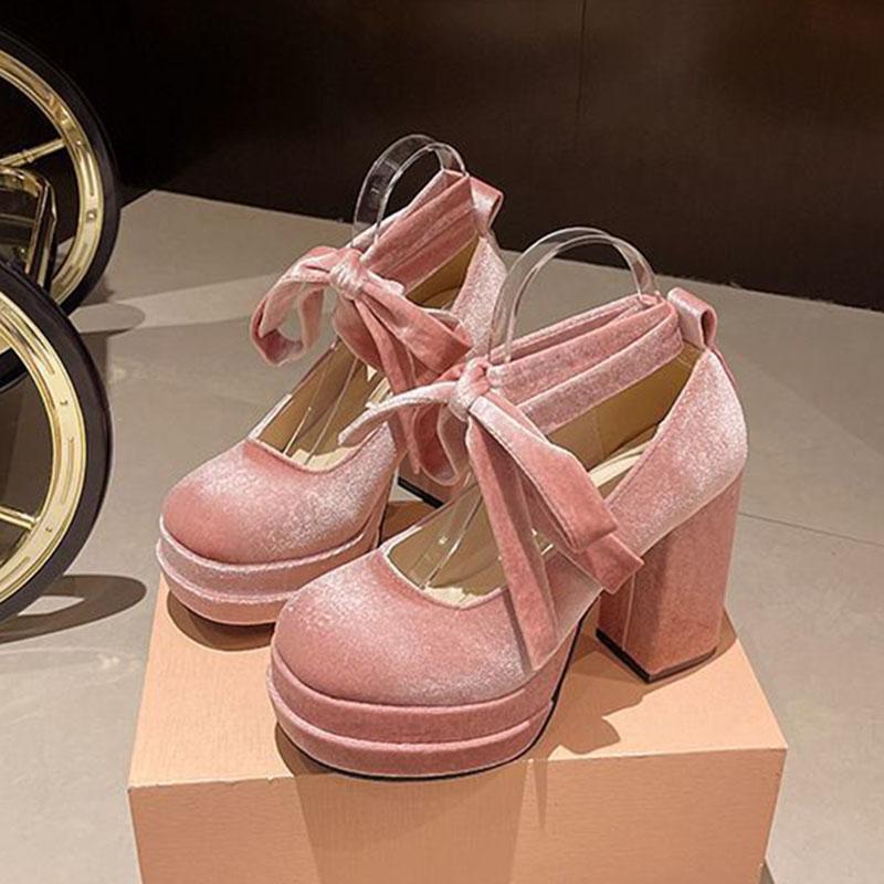 Fashion Platform Women Mary Jane Shoes Fashion Elegant Cross Strap Thick Heeled Shoes Spring Ladies College Style Suede Dress Pumps