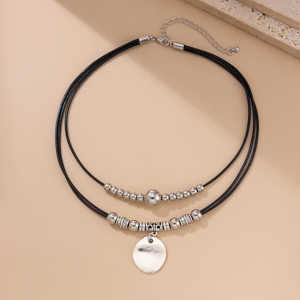 Retro Leather Wax Line Disc Pendant Clavicle Chain Necklace with Metallic Beads