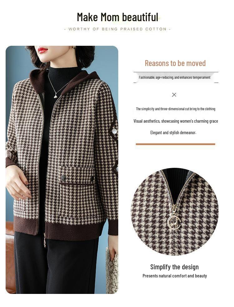 Women's Korean Houndstooth Hooded Coat - Fashionable, Age-Reversing, Casual Top for Autumn and Winter