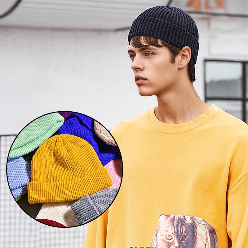 1Pc Acrylic Fiber Casual Men's Short Fisherman Beanbie Hat Mini Autumn and Winter Warm Knitted Hats Hip Hop Hat