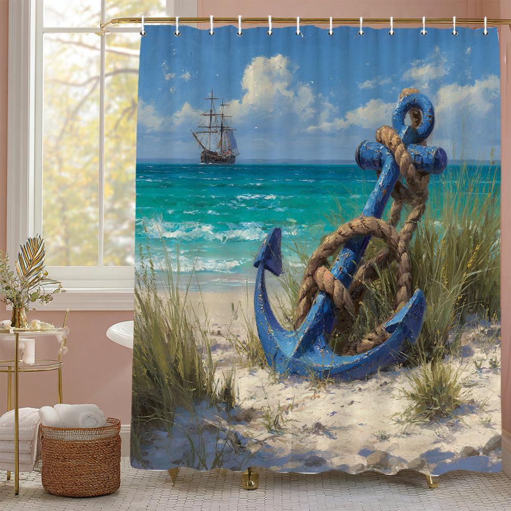 Blue Sea ocean beach scenery Theme Shower Curtain, Bathroom Decorative Shower Curtain, Print polyester Curtain with Hooks