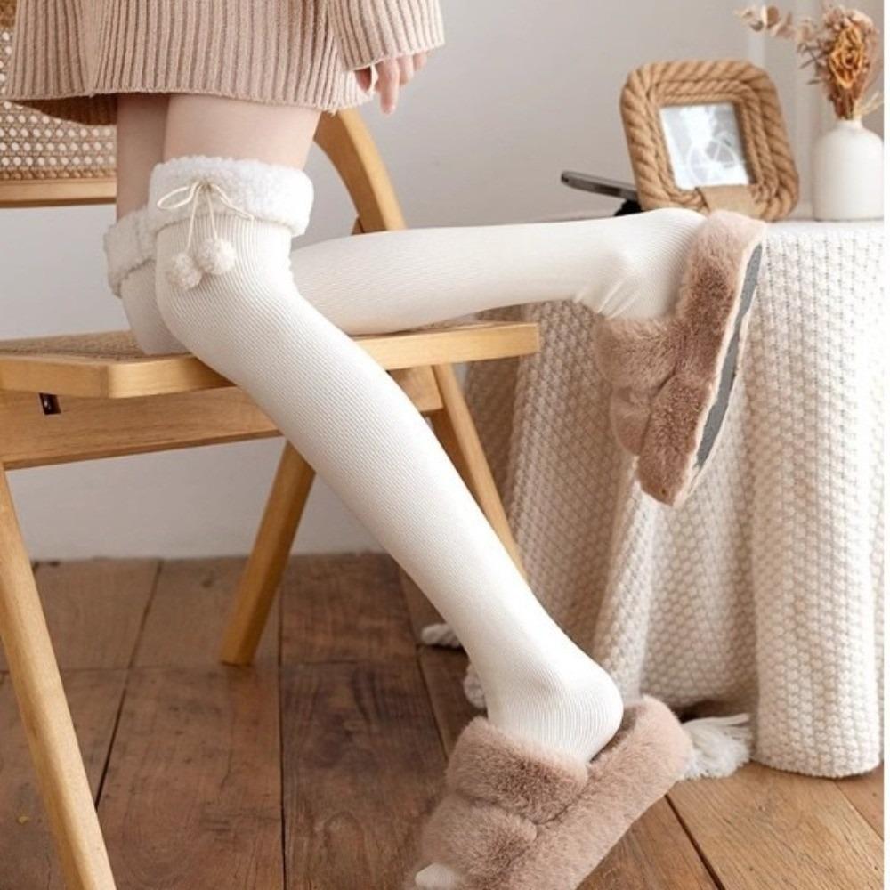 1 Pair Wool Ball Knee High Socks Vertical Stripe Plush Stockings Cute Over Knee Socks Women Girl