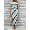 Temperament eleganter Taillenriemen gestreifter Rundhalsausschnitt Kurzarm langes Kleid Sommer Damen High-End Damenbekleidung Rock