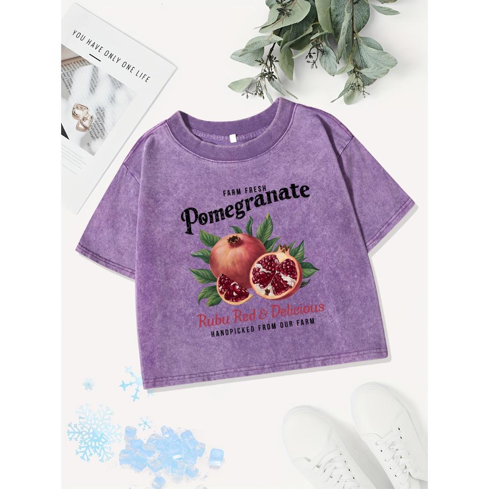 Casual Cotton Crop Tops Women Bright Pomegranate Printing Washed T-Shirts Regular Fit O-Neck Tees Street Womans Clothes