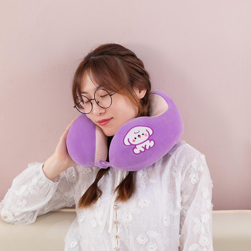 Cartoon U‑Shaped Neck Pillow Ice Bean Surface PP Cotton Filling Cervical Support Travel Pillow Portable Neck Rest for Airplane Car Office Nap