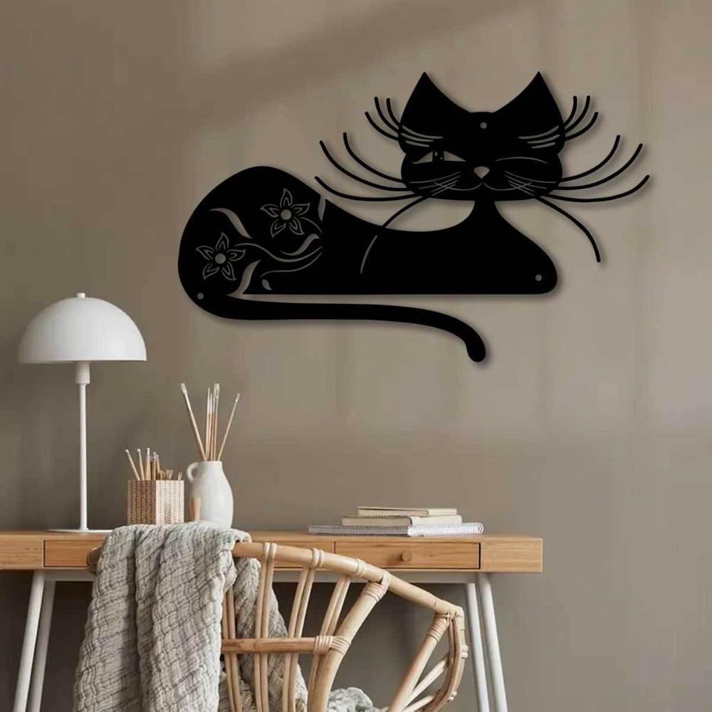Black Metal Cat Wall Art 11.81 inch Iron Sculpture Indoor Outdoor Garden Patio Living Room Balcony Decor No Power Required Home Statue