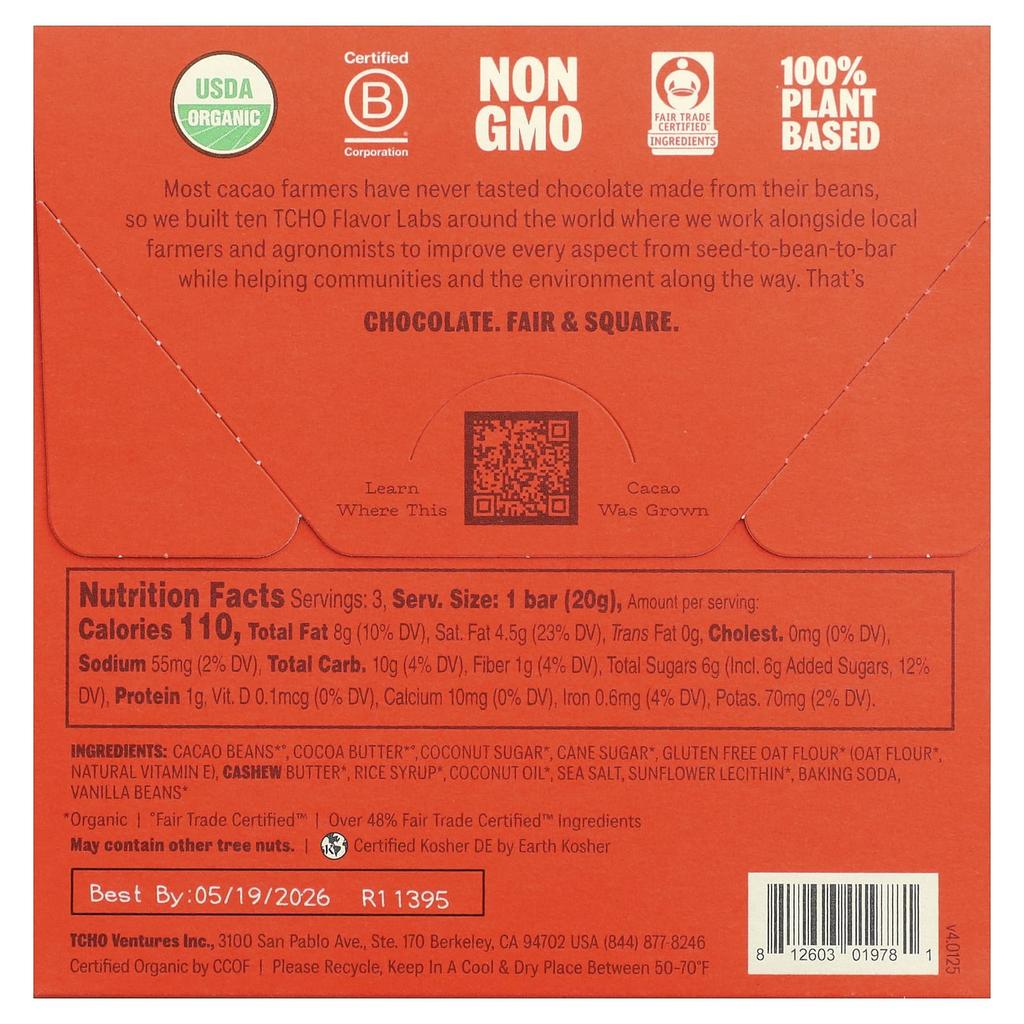 TCHO, Toffee Time, Oat Milk Chocolate with Toffee and Sea Salt, 53% Cacao, 3 Bars, 0.70 oz per Bar