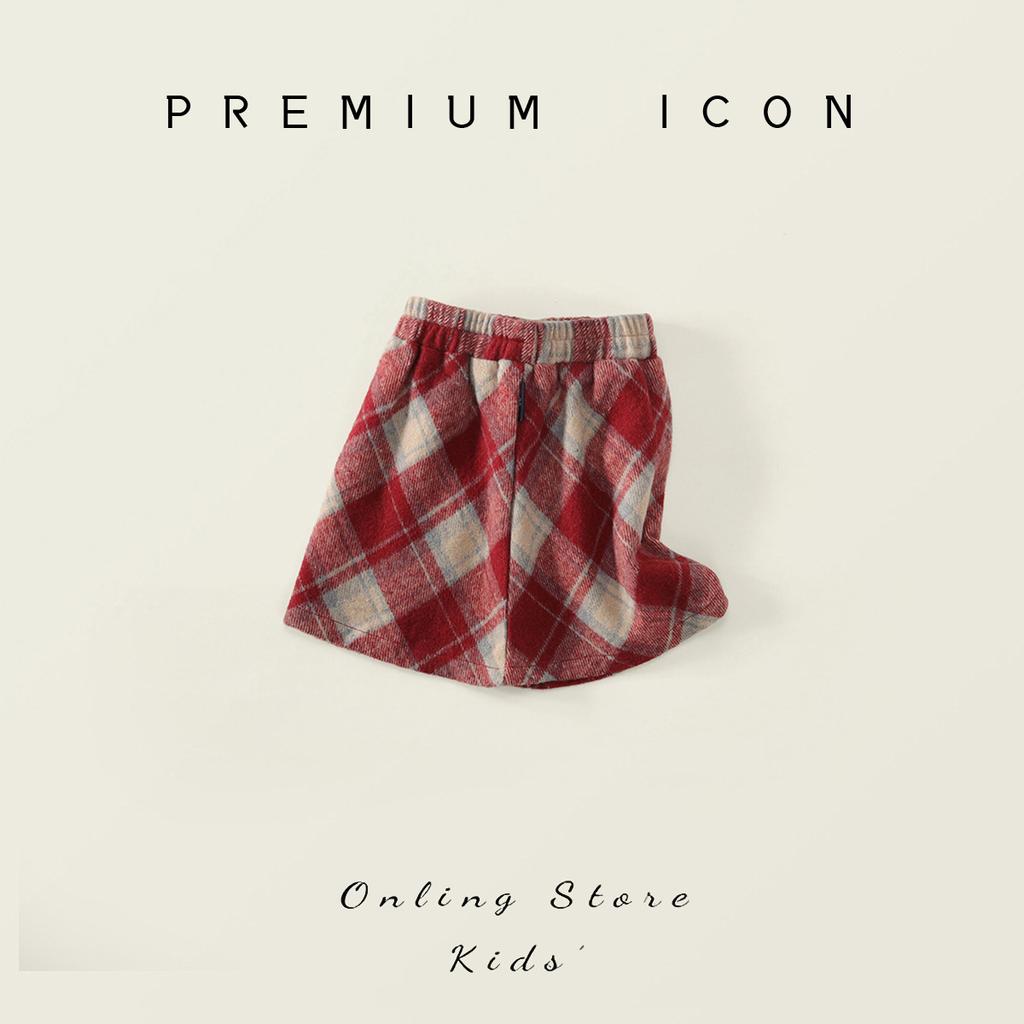 Girls' Woolen Skirt Autumn New Korean Style Red Vintage Plaid A-line Skirt for Young Children