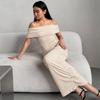 Slash Neck Solid Color Knitted Dresses Women Evening Short Sleeve Dress Party Female Ankle-Length Dress Knit