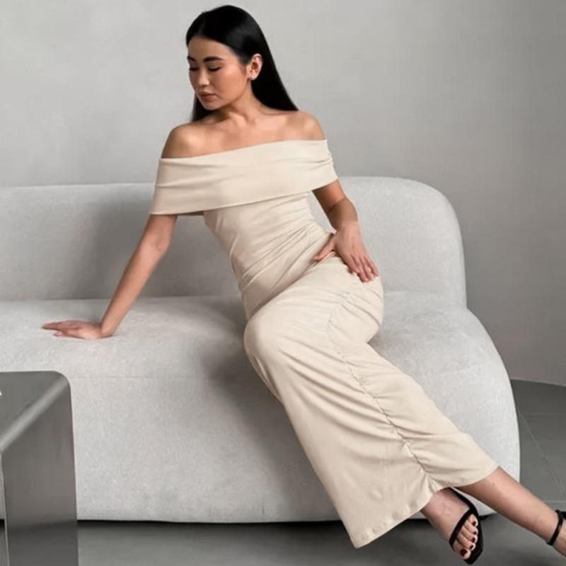Slash Neck Solid Color Knitted Dresses Women Evening Short Sleeve Dress Party Female Ankle-Length Dress Knit
