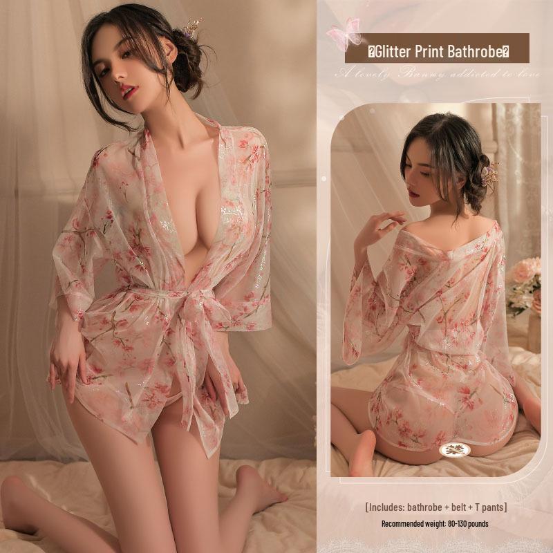 **Manyan Sexy Deep V One-Shoulder Kimono**: Stylish hot stamping print lingerie and bathrobe with a seductive perspective design.