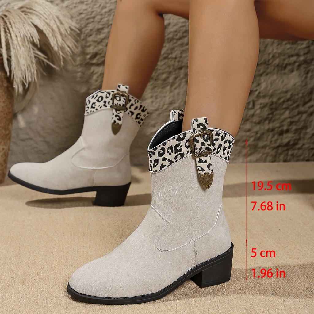 Fashion New 2025 Women's Ankle Boots Leopard Print Splicing Chunky Heels Western Cowboy Boots Trendy Autumn Winter Casual Shoes