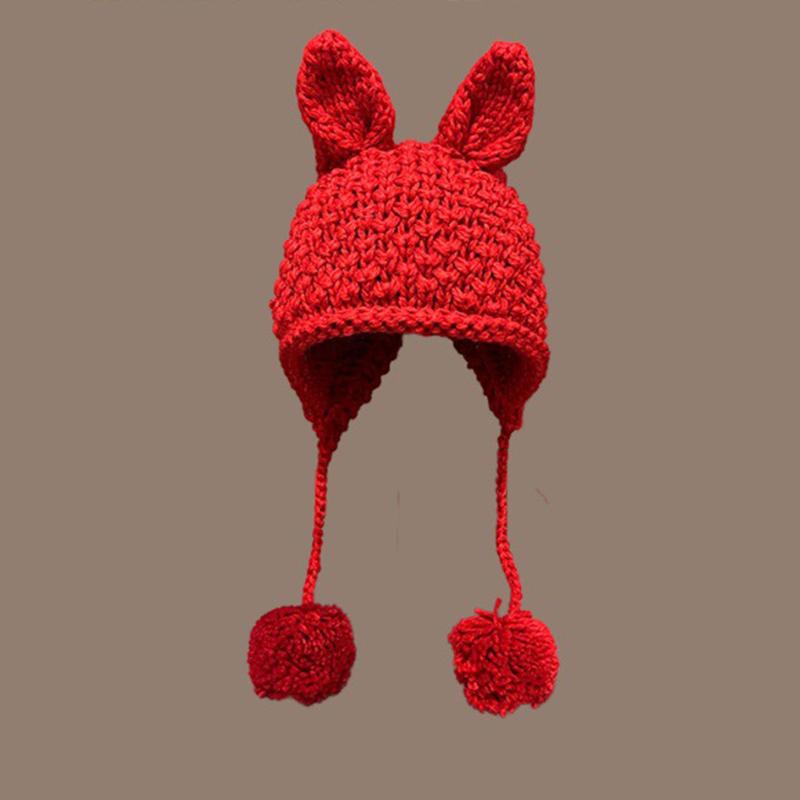 

Versatile Hat Style Cute Cartoon Rabbit Ear Shaped Warm Knitted Hatscaps червоний