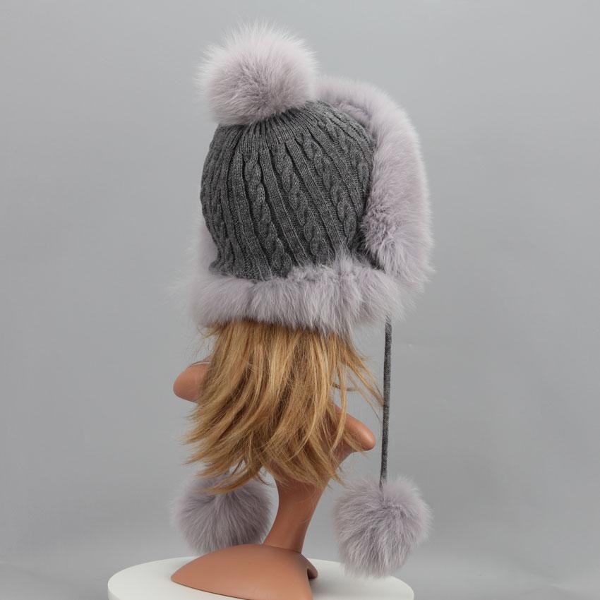 Real Fur Hat For Winter Women'S Hat Natural Fox Fur Russian Ushanka Cap Thick Warm Ears Fashion Bomber Cap Girls Fur Hat Elastic