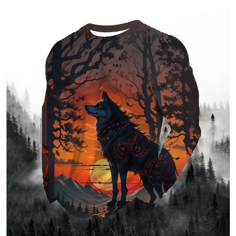 2024 Men's Fashion Print Round Neck Long Sleeve Party Autumn Sports Casual Pullover Men 3d Lonely Wolf Blue Print Tops