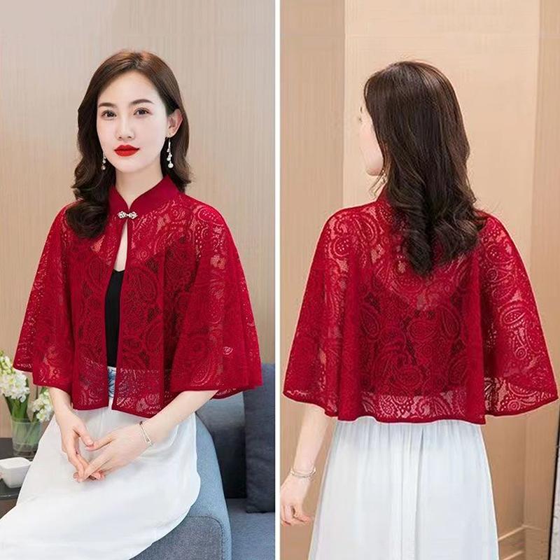 Spring Summer Shawl Coat Thin Scarf Long Sleeve Lace Temperament Cardigan Outwear Shoulder False Collar Out All-Match Ponchos