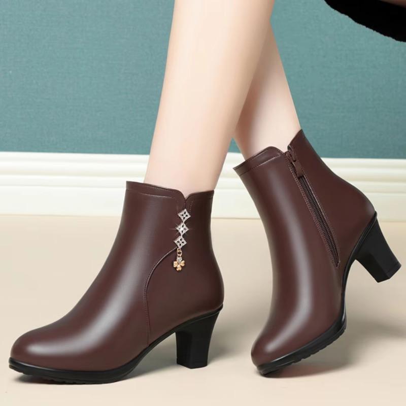New Leather Thick-heeled Boots Women Autumn and Winter Suede Slip-on Soft-soled Mid-heeled Boots Round Head Cotton Mother Shoes