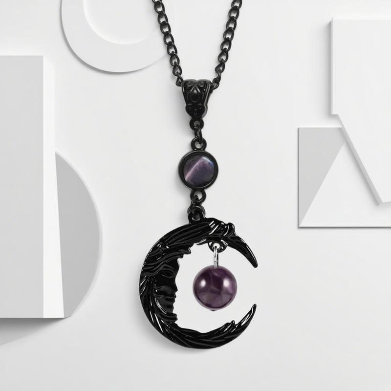 Gothic Creative Face Black Crescent Moon Purple Zircon Pendant Necklace For Women Hallowmas Charm Jewelry Gifts