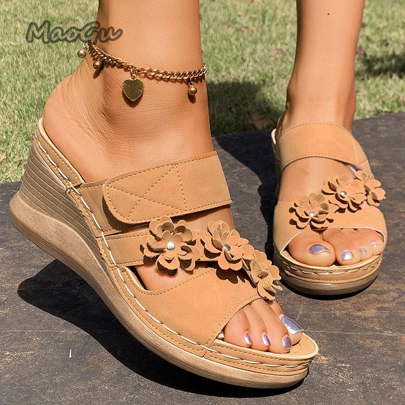 Mode Damen Retro Blumen Dekor Keilsandalen Übergröße 42 Komfort Rutschfest Strand Hausschuhe Dicke Sohle Klobige Plateau Römische Sandalen