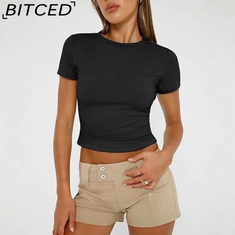 BITCED Damska koszulka z długim rękawem na lato: Stylowe topy z dekoltem O, dopasowane, do noszenia jako warstwa zewnętrzna