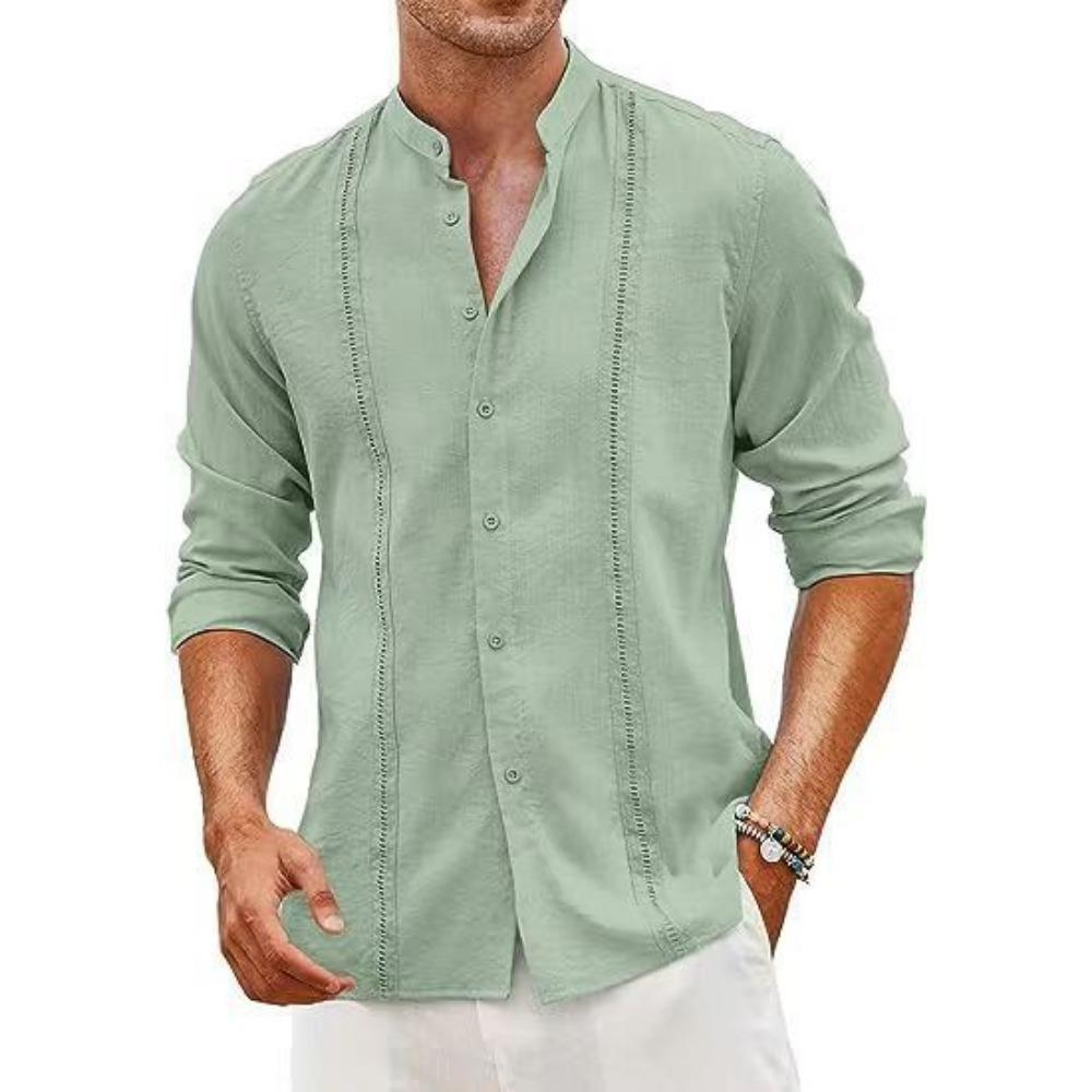 Men's Cotton and Linen Solid Color Casual Long Sleeved Shirt