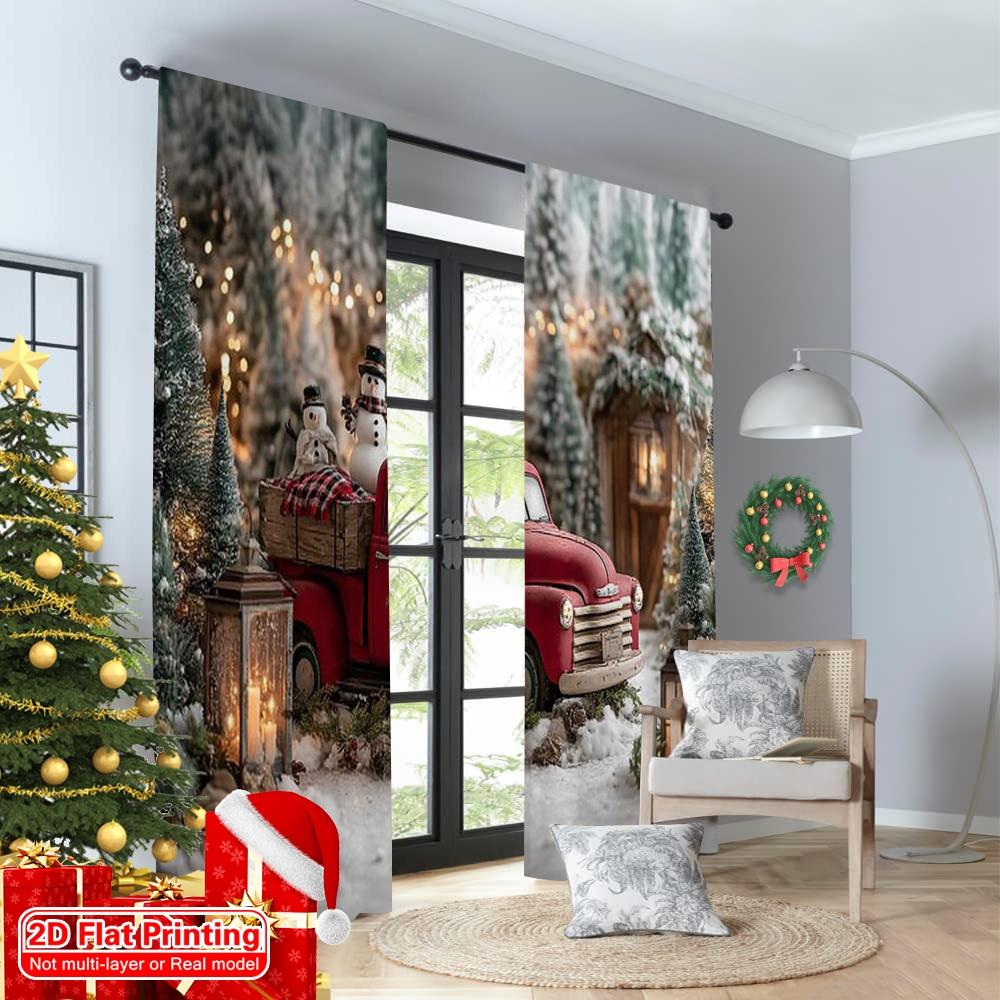 2pcs 2D Flat Printing Merry Christmas Curtain Country Red Truck Versatile 100% Polyester Without Electricity Festive Wall Decor