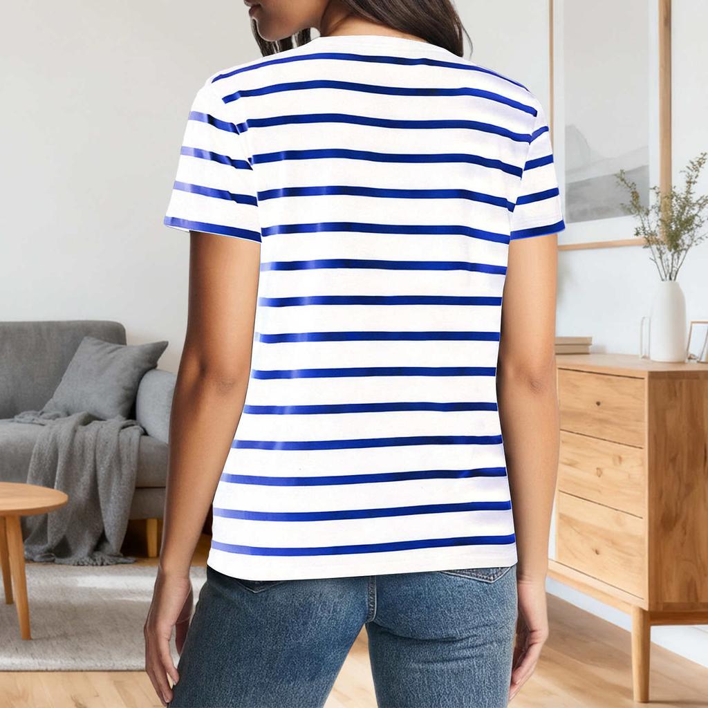 Women Striped Short Sleeve Casual Crew Neck T Shirt Classic Fit Soft Cotton Jersey Top for Everyday Wear