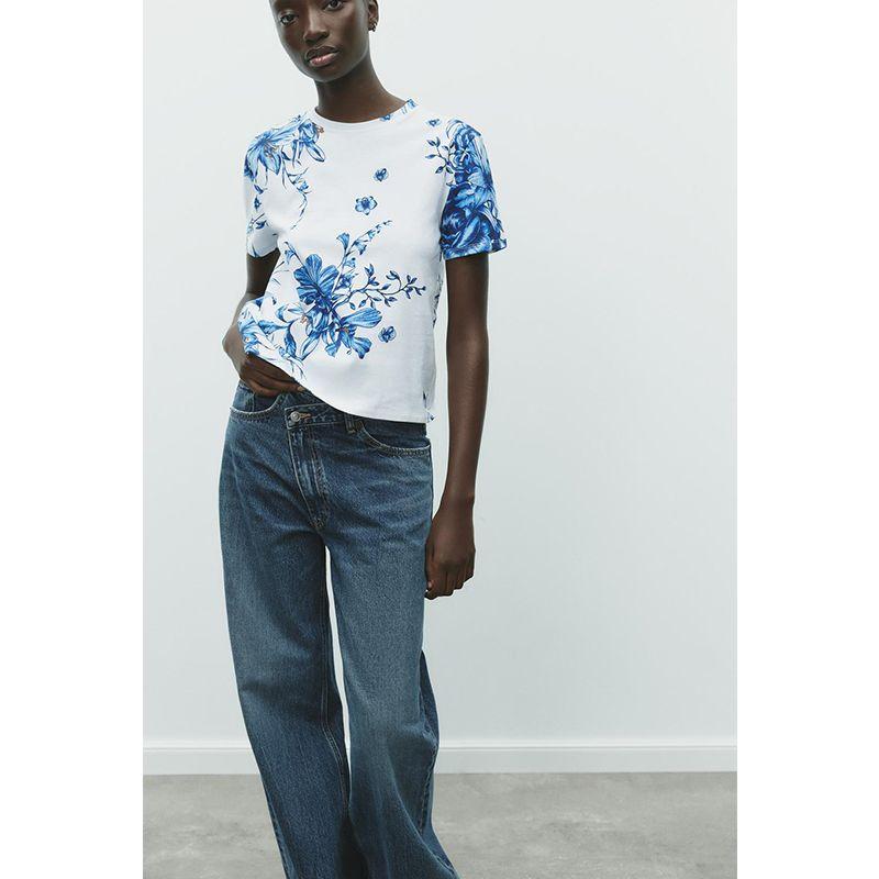 Summer New Product Women's Clothes French Straight Cotton Silm Print Round Neck Short Sleeve T-shirt Top 0264335