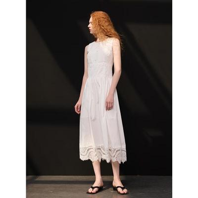 Sancai Retro French Style Sleeveless Lace White Maxi Dress