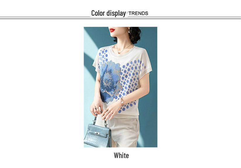 Chic Casual Printed Knitwear Short Sleeve Summer Top for Moms - Versatile, Stylish T-shirt for Middle-Aged and Older Women.