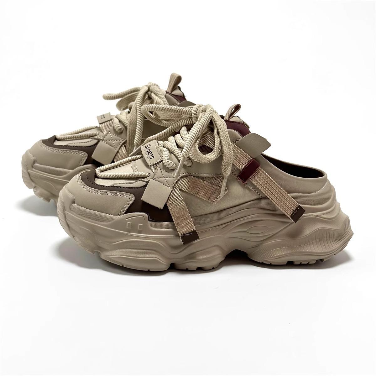 

Мягкие кожаные туфли-мешки и полутапочки для ношения весной и летом 2024 года, чтобы увеличить высоту повседневных туфель-маффинов на толстой подошве, универсальных спортивных 35 хаки