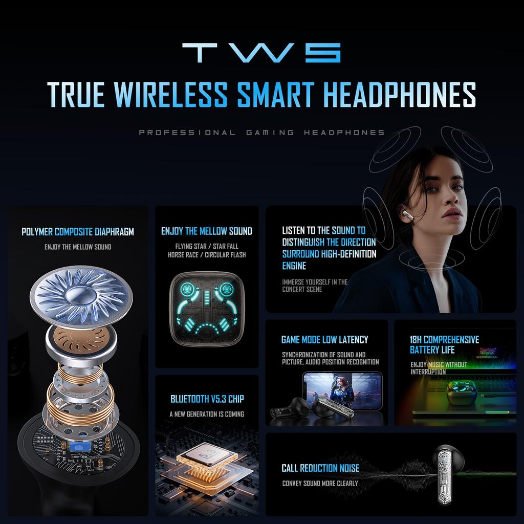 ONIKUMA T1 TWS Wireless Gaming Headphones, Headphones with RGB Touch Control, Four Light Modes, Dual Microphone, ENC Call Noise Cancellation