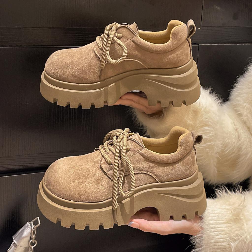 Platform Loafers Women Autumn New Vintage Comfortable Lace Up Fashion Single Shoes Outdoor Non Slip Height Increase Casual Shoes