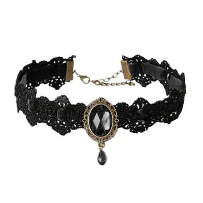 Vintage Lace Necklace Gothic Chocker with Oval Faux Gemstone Women Lace Choker for Cosplay Daily Wear Costume Parties