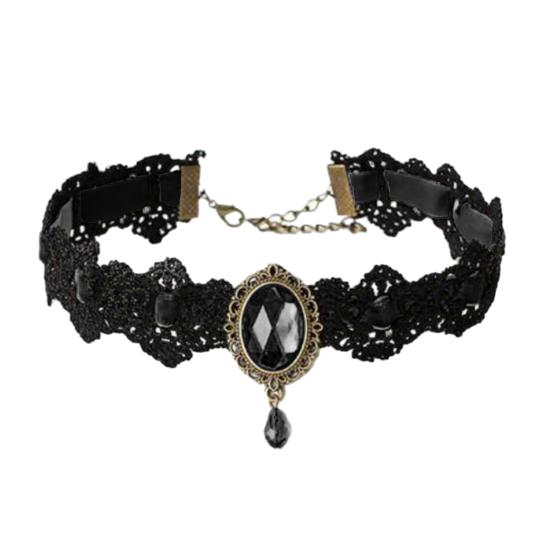 Vintage krajkový náhrdelník Gotický choker s oválným umělým drahokamem Dámský krajkový choker pro Cosplay Denní nošení Kostýmové večírky