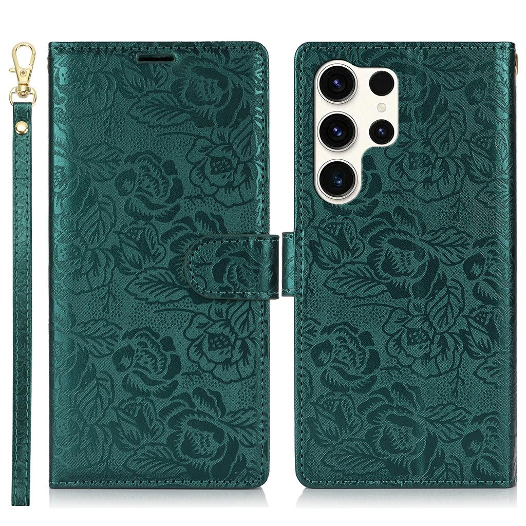 For Samsung Galaxy S25 Ultra Case with Hand Strap Flower Imprint Leather Wallet Phone Cover