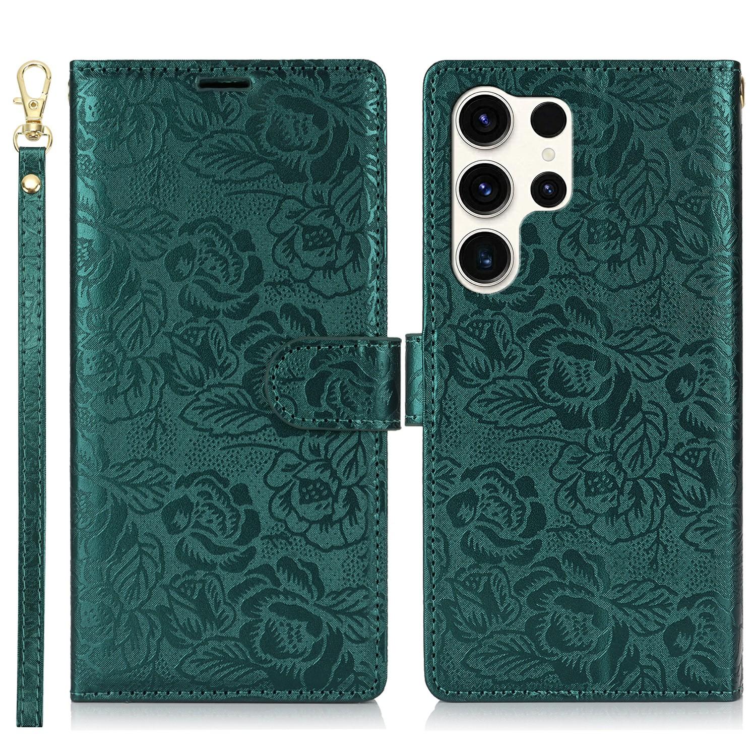 

For Samsung Galaxy S24 Ultra Case with Hand Strap Flower Imprint Leather Wallet Phone Cover Green