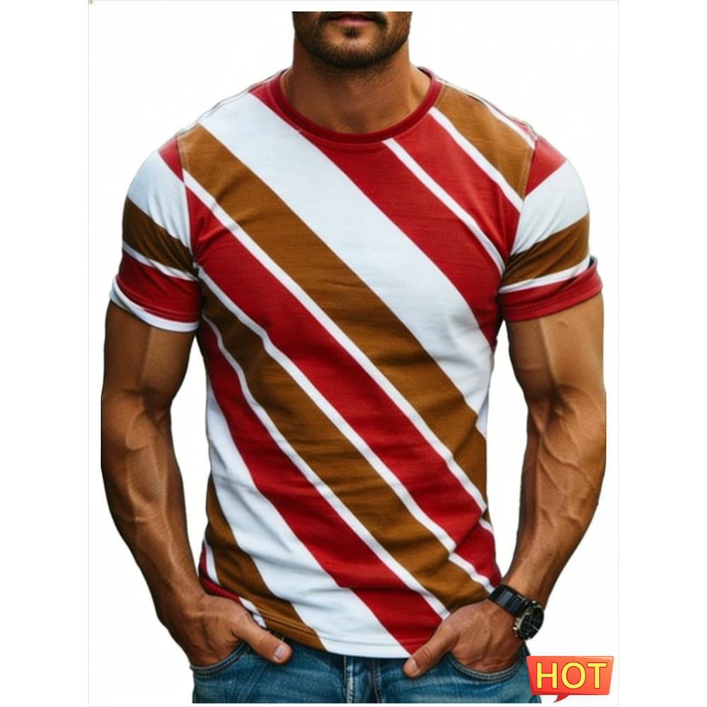 Fashion Stripe Contrasting Colors T Shirts For Men Simple Trend Streetwear 3D Printed Crew Neck Tees Casual Breathable T-shirts