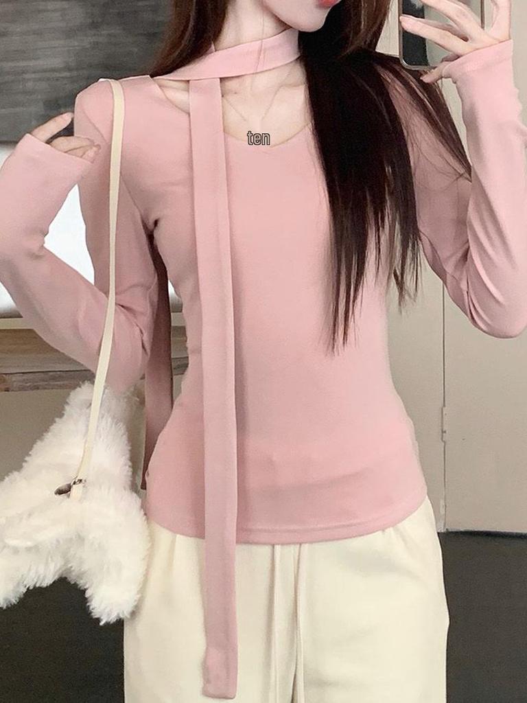 Women's Korean Long-Sleeve Pink V-Neck T-Shirt, Lace-Up, Slim Fit, Trendy Hot Girl Style, Perfect for Spring & Autumn.