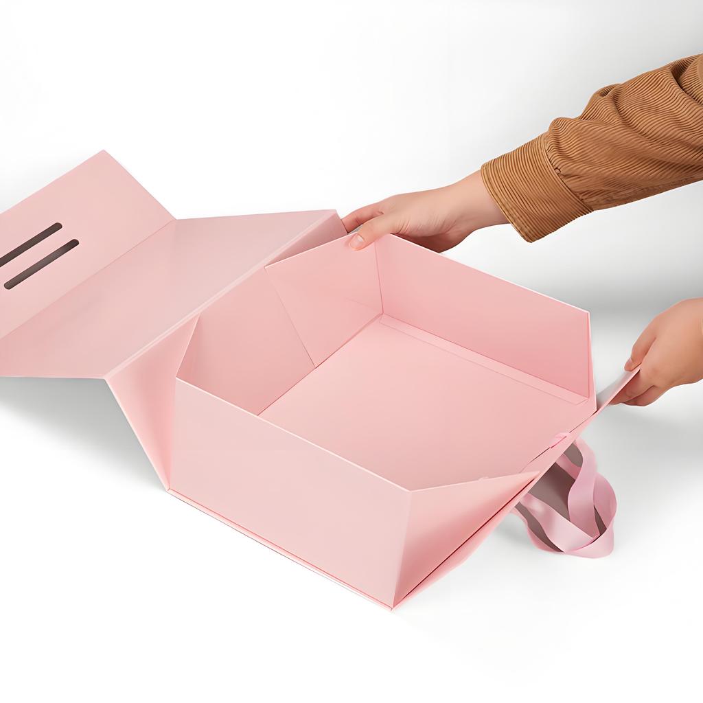 Eco-Friendly Pink Magnetic Handle Folding Box with Soft Ribbon for Stylish Candle Packaging
