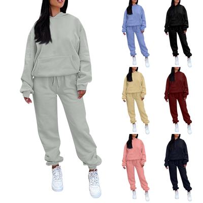 Women's Solid Color Hooded Long Sleeved Sports Set, Home Pants, Running Set