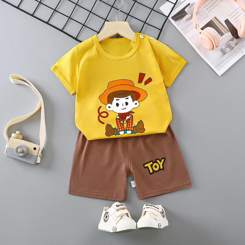 Set de pantaloni de tricou cu mânecă scurtă pentru copii de vară, cu mânecă scurtă, 2 bucăți, largi, din bumbac, ținută de desene animate