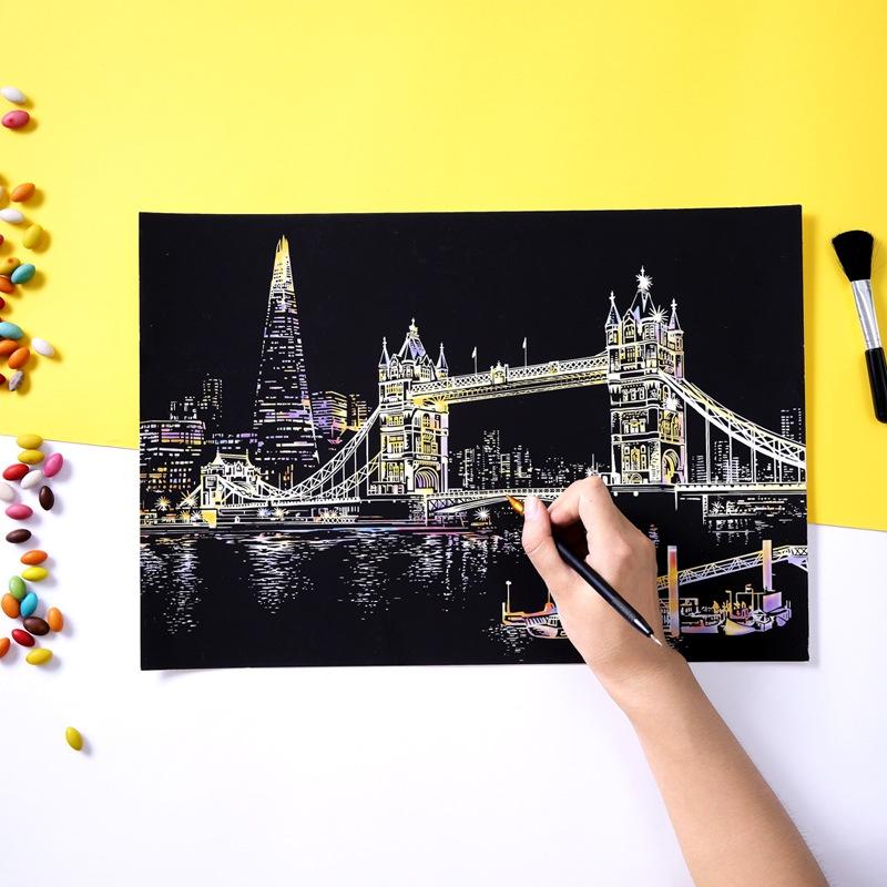 Tablero de Papel para Pintar Paisaje Nocturno con Arte Mágico Rasca Premium Para Actividades Educativas Atractivas