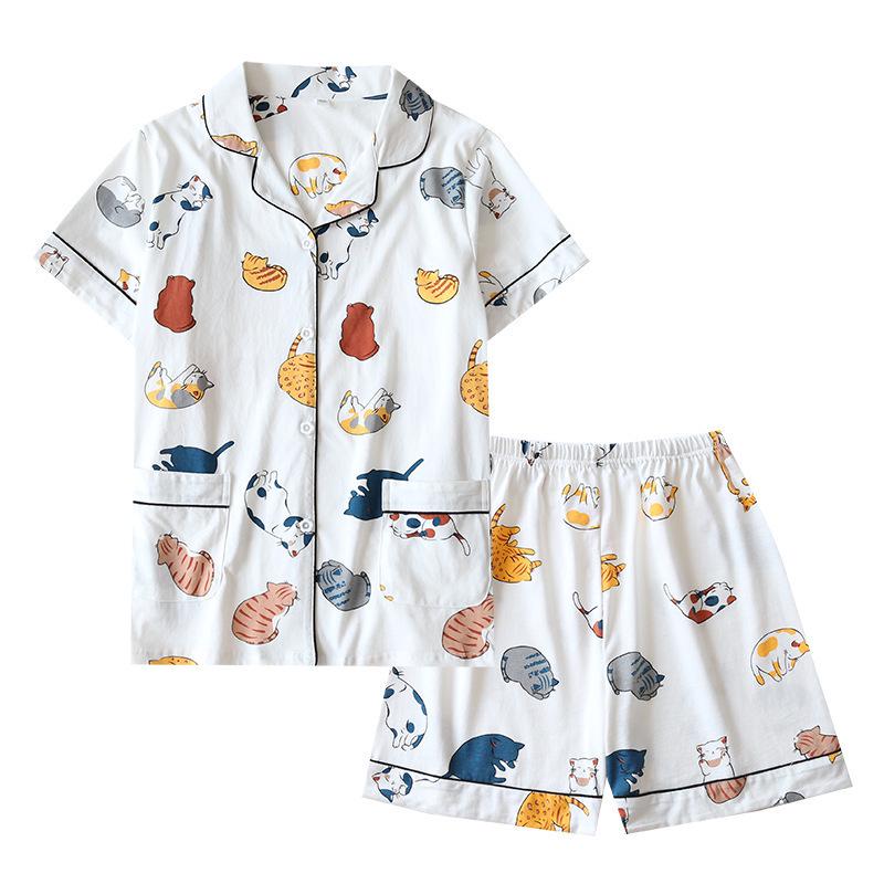 Summer Women’s Cute Japanese Cat Pajamas - Short Sleeve Cotton Cardigan & Shorts Set